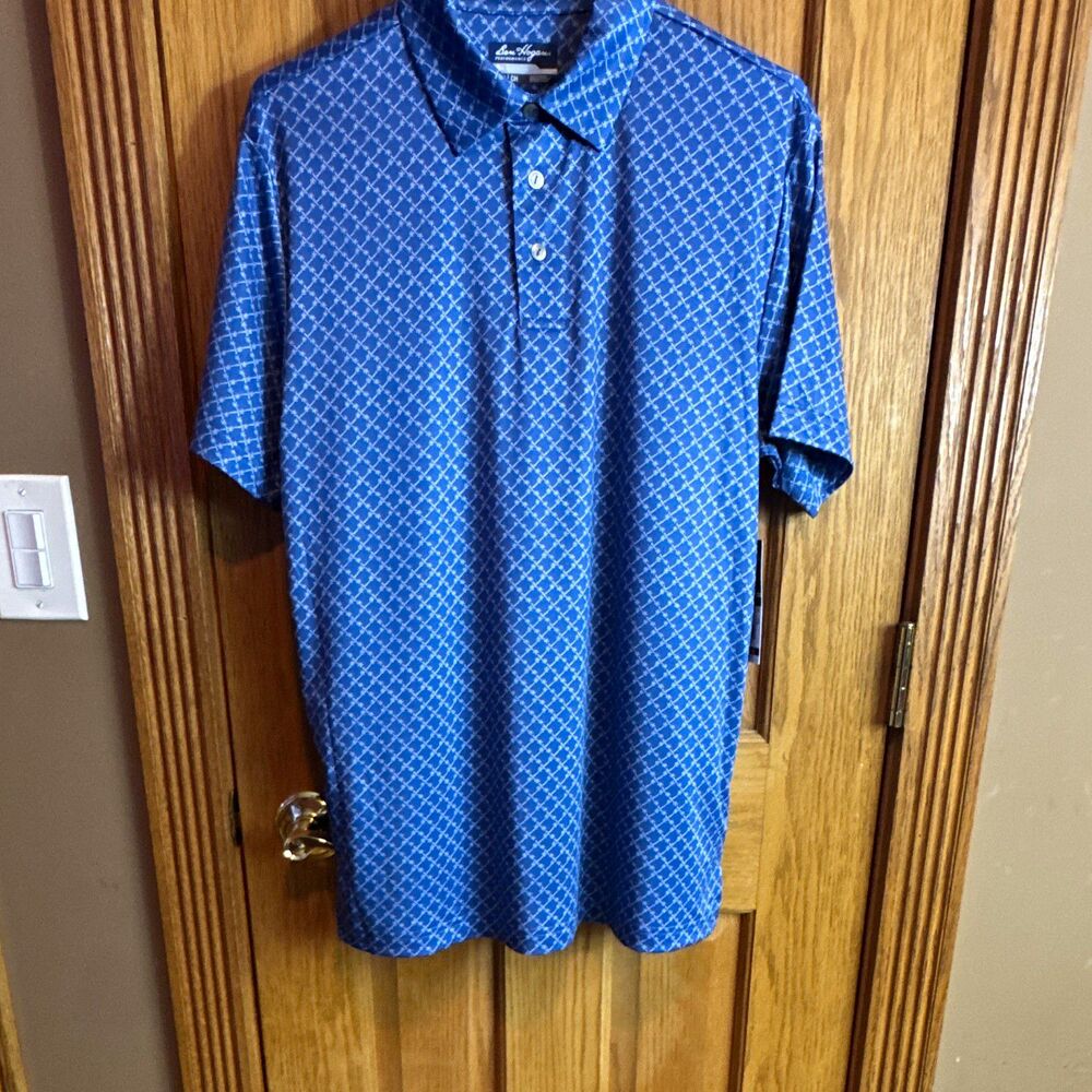 Ben Hogan Performance Men's Geometric Polo Shirt Blue/White Moisture Wicking S